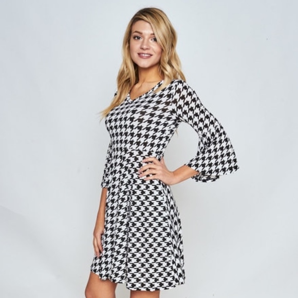 Luxe Label Dresses & Skirts - Bell Sleeve Houndstooth Fit & Flare Dress